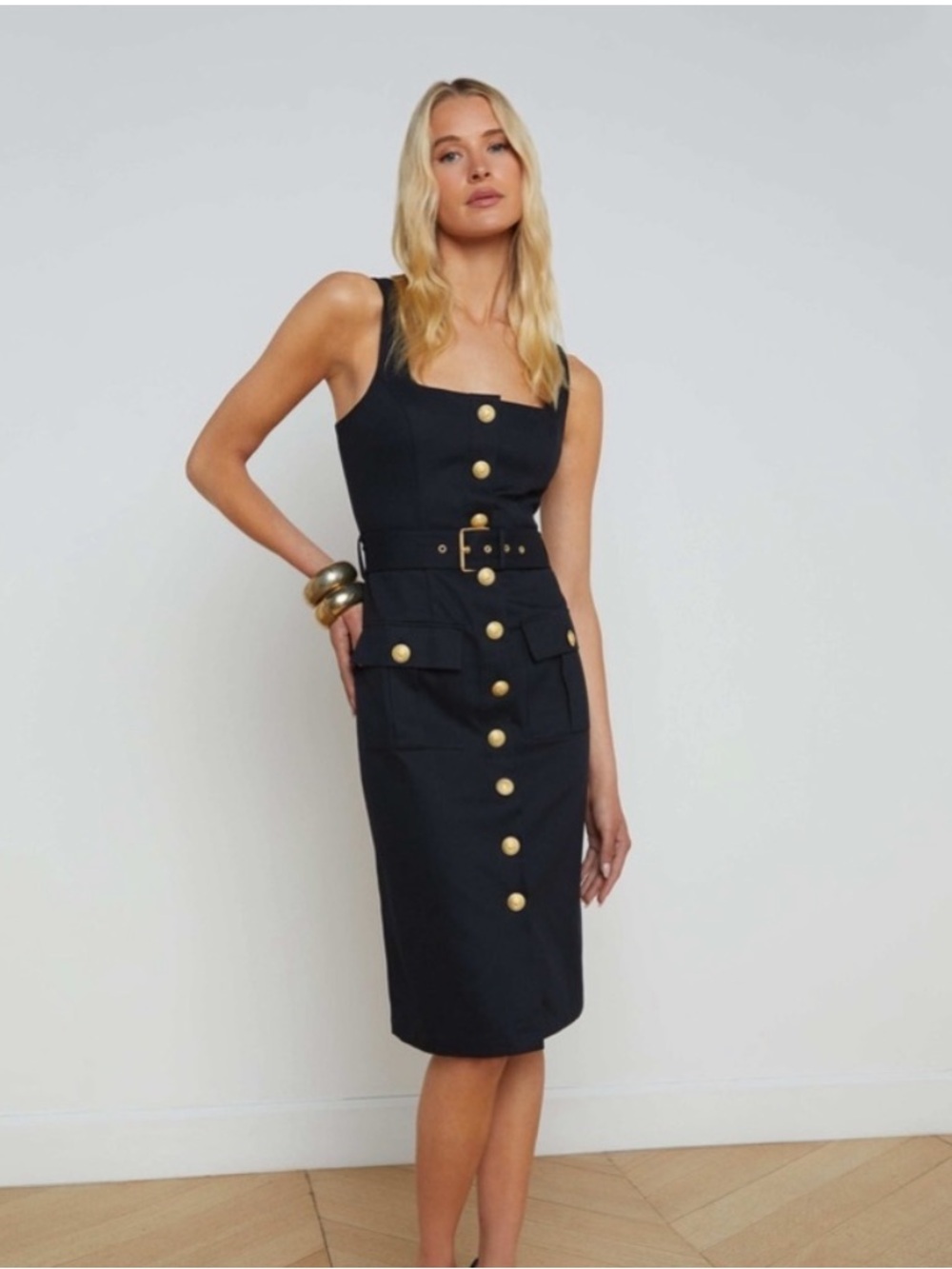 L'AGENCE Black Midi Button-Front Belted Sheath Dress